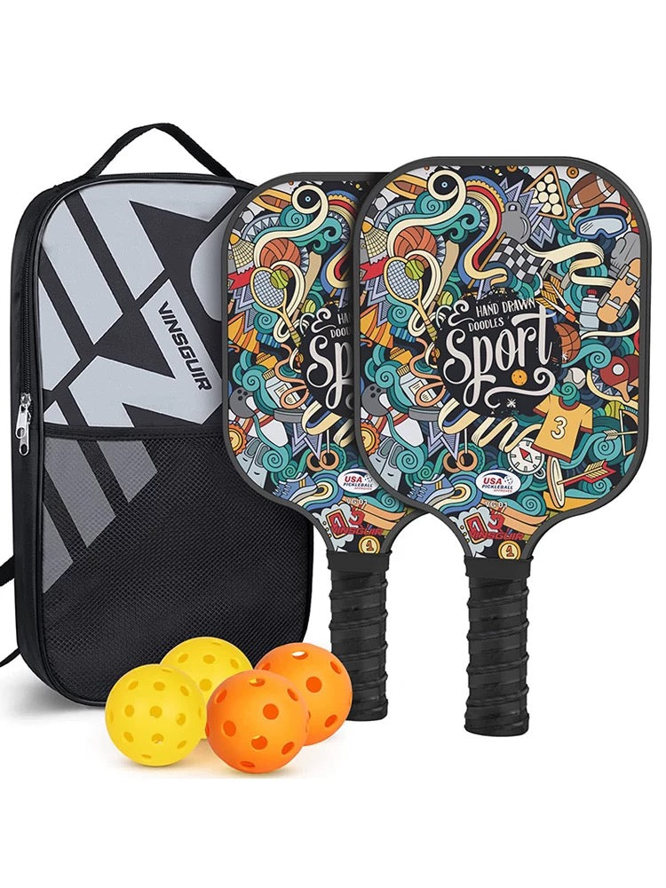Vinsguir Pickleball Paddle Set - 2 Premium Graphite Rackets Honeycomb Composite Core with Cushion Comfort Grip & 4 Balls & Portable Racquet Bag (Hand Drawn Doodles + 3 Outdoor Balls +1 Indoor Ball+ Bag)