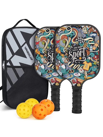 Vinsguir Pickleball Paddle Set - 2 Premium Graphite Rackets Honeycomb Composite Core with Cushion Comfort Grip & 4 Balls & Portable Racquet Bag (Hand Drawn Doodles + 3 Outdoor Balls +1 Indoor Ball+ Bag)