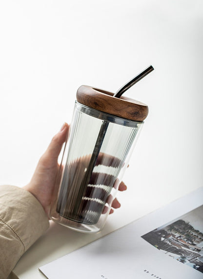 Double Layer Borosilicate Glass Straw Cup with Wooden Lid(500ml)