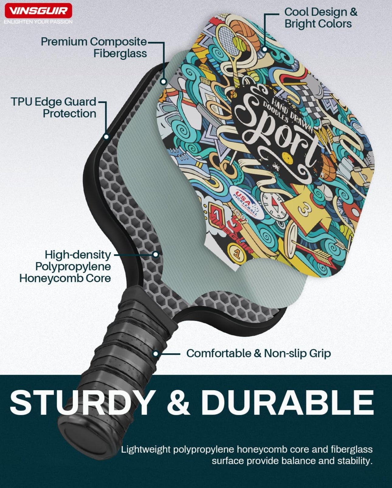 Vinsguir Pickleball Paddle Set - 2 Premium Graphite Rackets Honeycomb Composite Core with Cushion Comfort Grip & 4 Balls & Portable Racquet Bag (Hand Drawn Doodles + 3 Outdoor Balls +1 Indoor Ball+ Bag)
