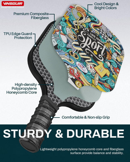 Vinsguir Pickleball Paddle Set - 2 Premium Graphite Rackets Honeycomb Composite Core with Cushion Comfort Grip & 4 Balls & Portable Racquet Bag (Hand Drawn Doodles + 3 Outdoor Balls +1 Indoor Ball+ Bag)
