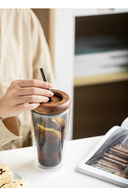 Double Layer Borosilicate Glass Straw Cup with Wooden Lid(500ml)