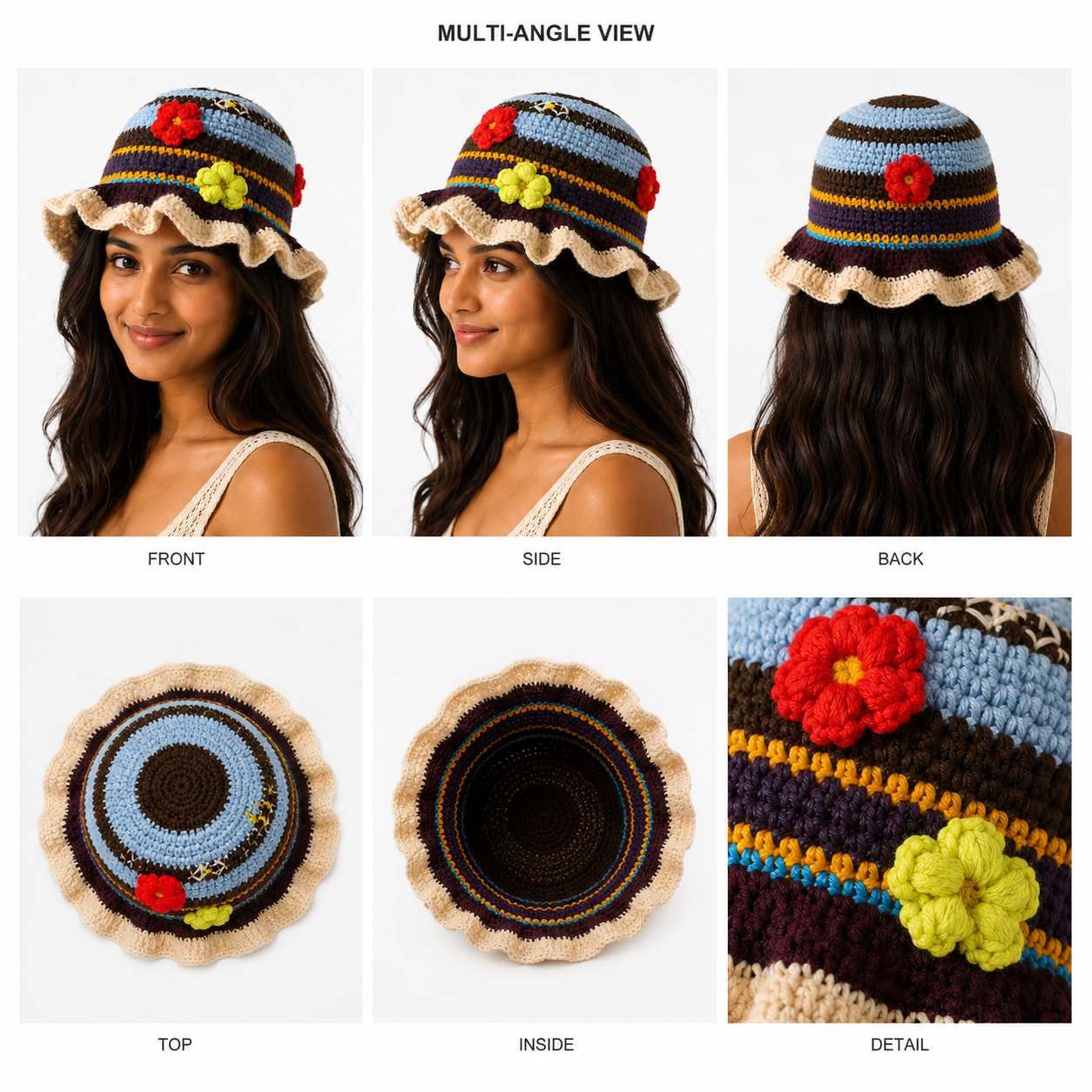 BloomWeave™ Handmade Crochet Floral Sun Hat for Women | Lightweight Knitted Bucket Hat with Decorative Flowers | Boho Summer Beach & Vacation Hat