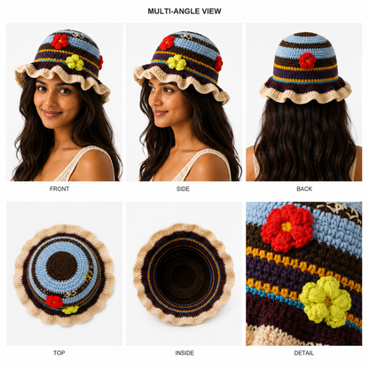 BloomWeave™ Handmade Crochet Floral Sun Hat for Women | Lightweight Knitted Bucket Hat with Decorative Flowers | Boho Summer Beach & Vacation Hat