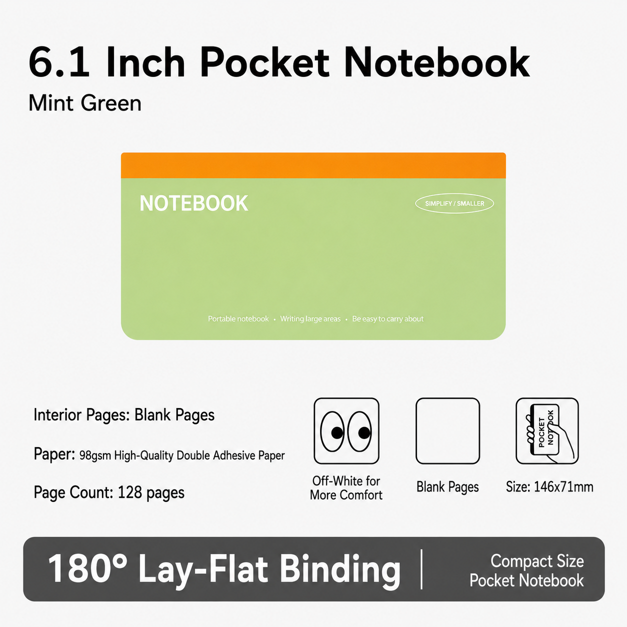 6.1 inch Hard Cover Pocket Note Book with 180 Degree Lay Flat Binding