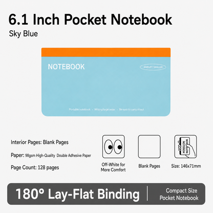 6.1 inch Hard Cover Pocket Note Book with 180 Degree Lay Flat Binding