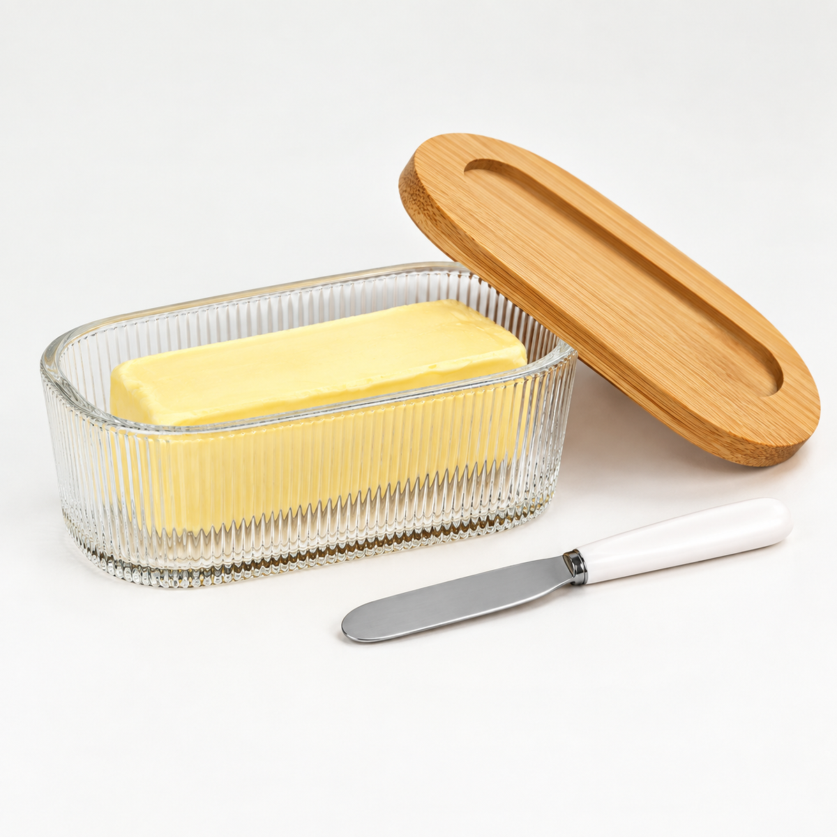 Fluted Glass Butter Dish With Lid For Countertop, Ribbed Glass Butter Dish With Bamboo Lid And Knife, Large Butter Container For East & West Coast Butter, Covered Butter Dishes For Refrigerator
