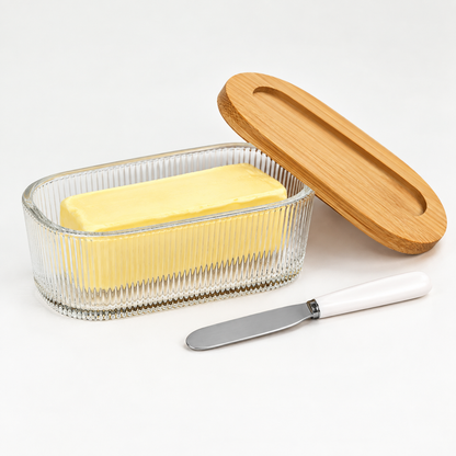 Fluted Glass Butter Dish With Lid For Countertop, Ribbed Glass Butter Dish With Bamboo Lid And Knife, Large Butter Container For East & West Coast Butter, Covered Butter Dishes For Refrigerator