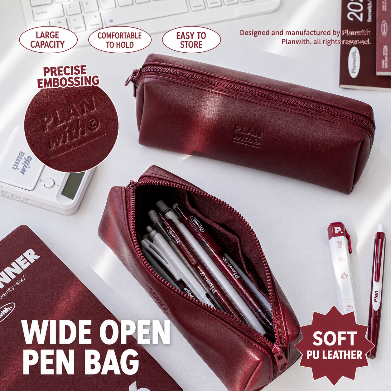 PLAN WITH Premium Large Capacity Wide Opening PU Pencil / Pen Case