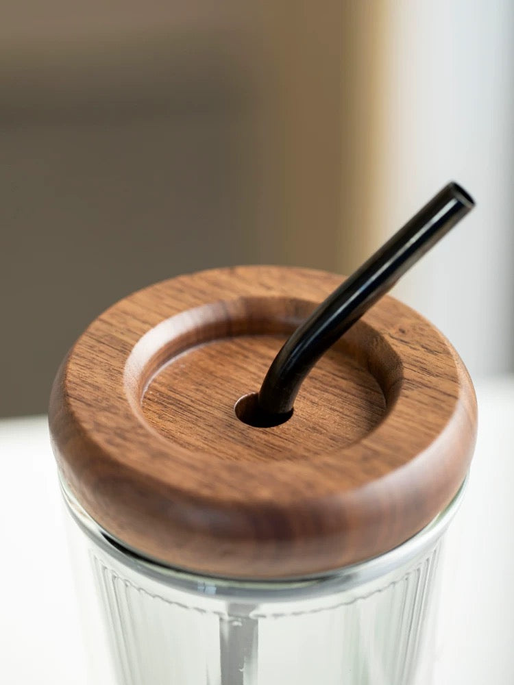Double Layer Borosilicate Glass Straw Cup with Wooden Lid(500ml)