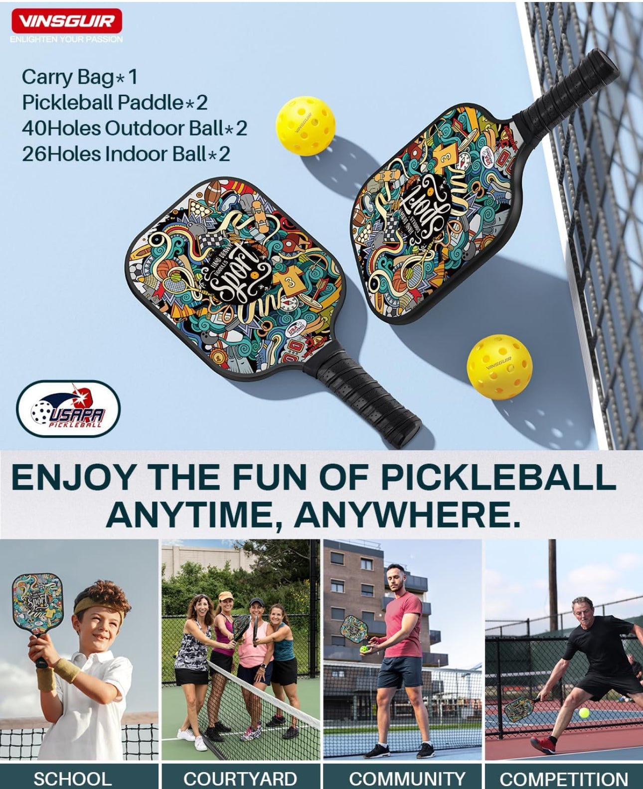 Vinsguir Pickleball Paddle Set - 2 Premium Graphite Rackets Honeycomb Composite Core with Cushion Comfort Grip & 4 Balls & Portable Racquet Bag (Hand Drawn Doodles + 3 Outdoor Balls +1 Indoor Ball+ Bag)