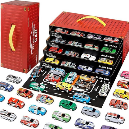48pc Alloy Pull Back Car Set - Luxury Container Gift Box | Racing Cars with Tracks