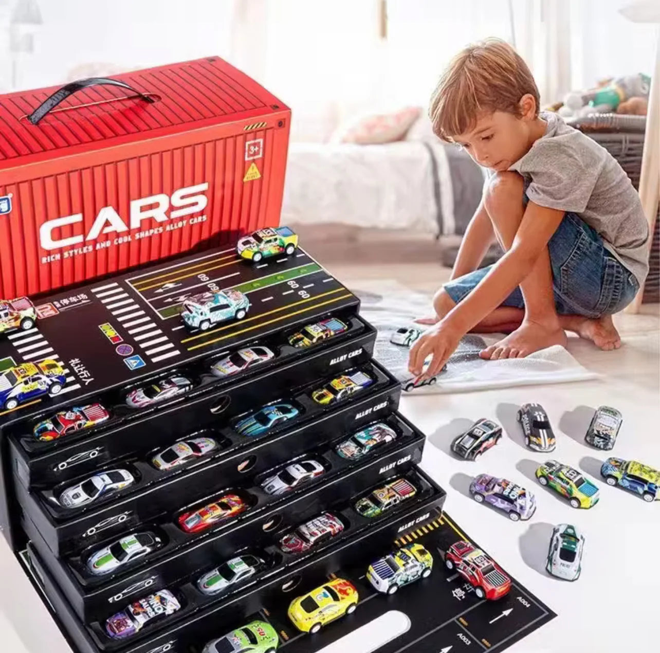 48pc Alloy Pull Back Car Set - Luxury Container Gift Box | Racing Cars with Tracks