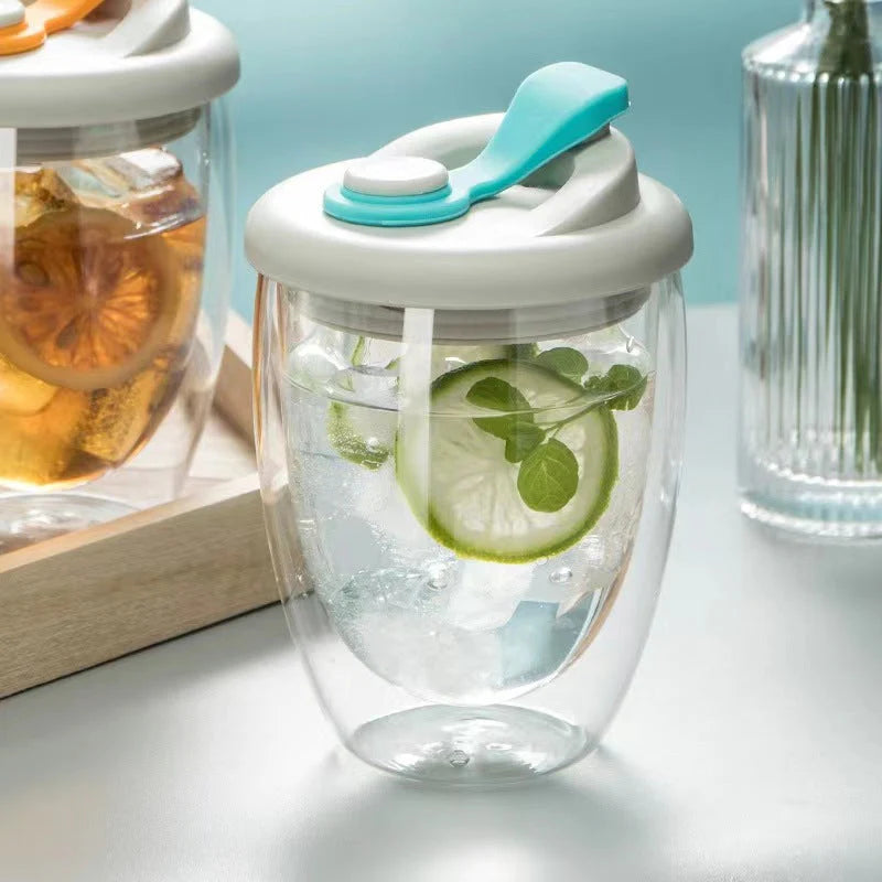Double Layer Glass Cup with Lid