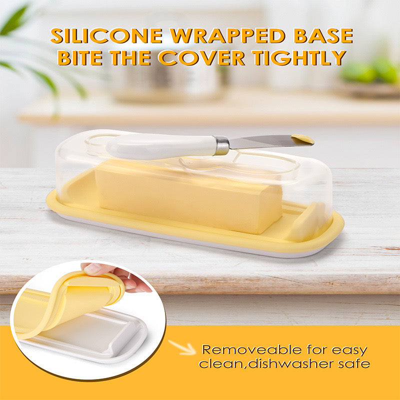 No Mess Food Grade Plastic Butter Dish with Lid Removable Silicone base and Knife