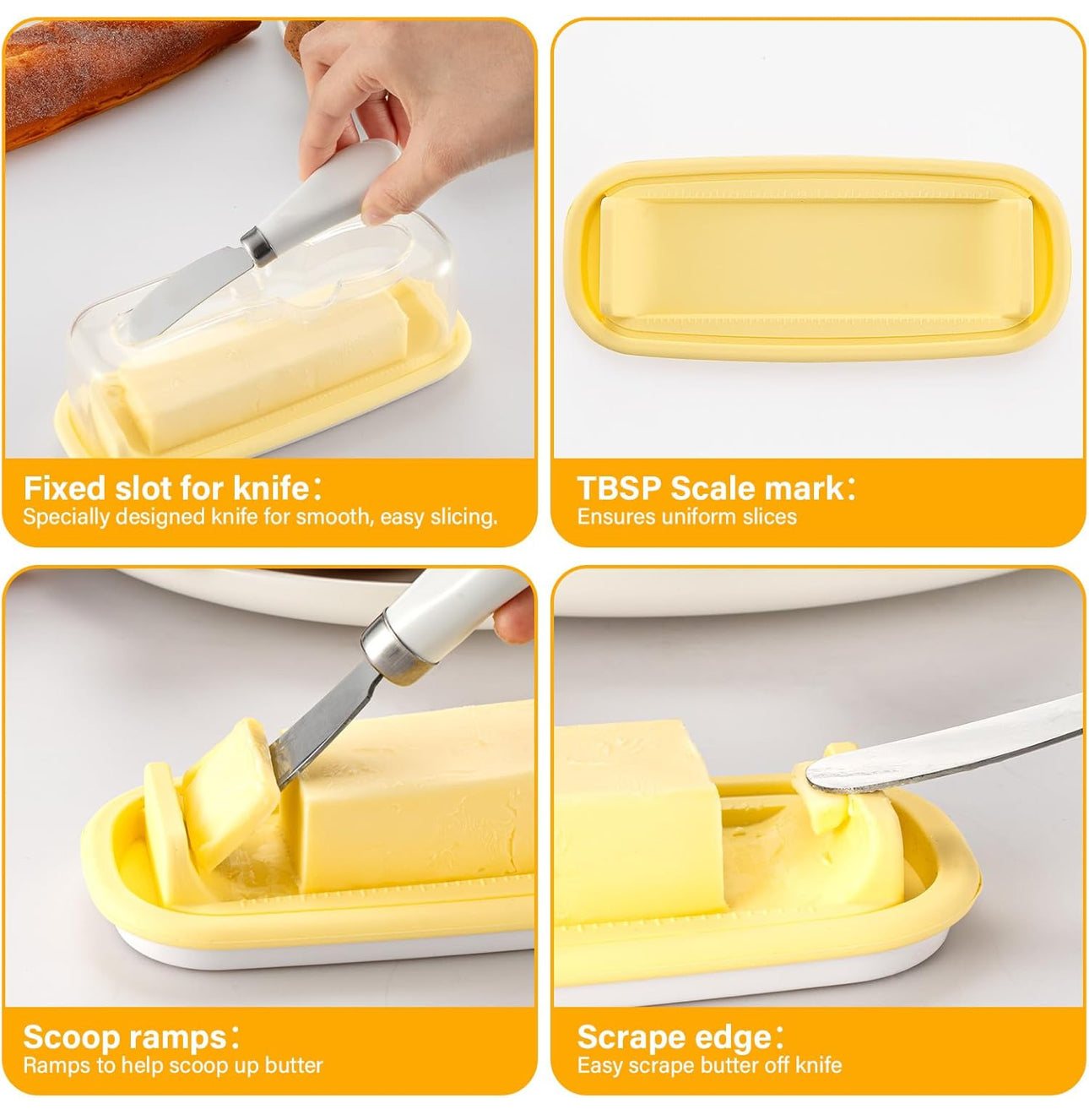 No Mess Food Grade Plastic Butter Dish with Lid Removable Silicone base and Knife