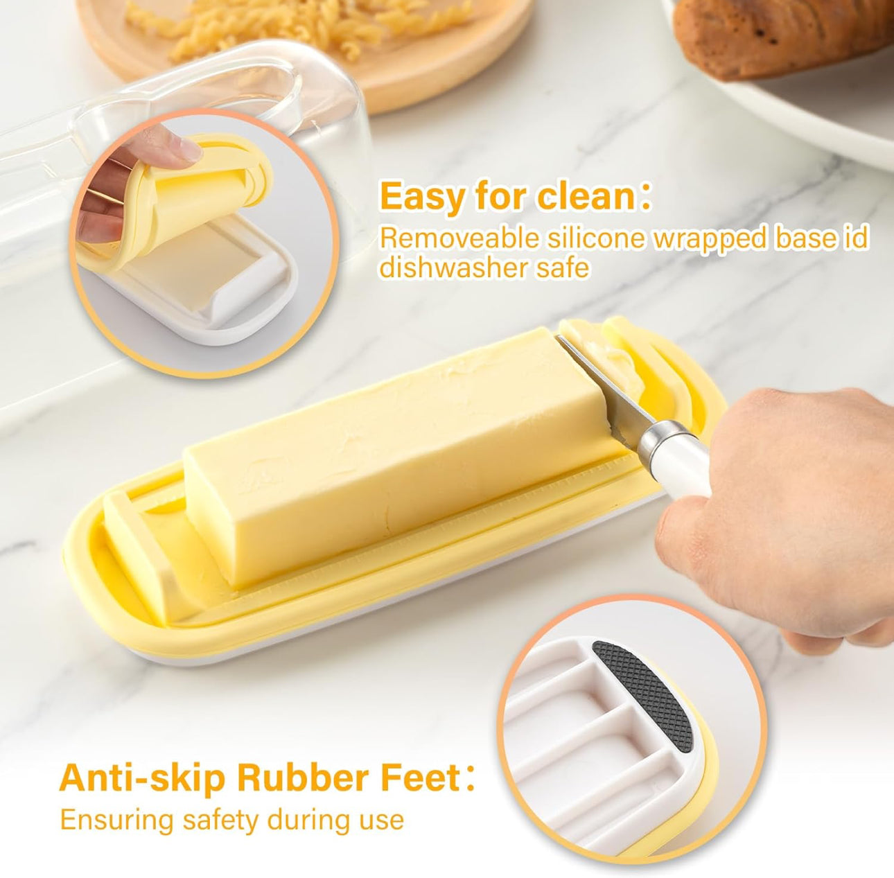 No Mess Food Grade Plastic Butter Dish with Lid Removable Silicone base and Knife