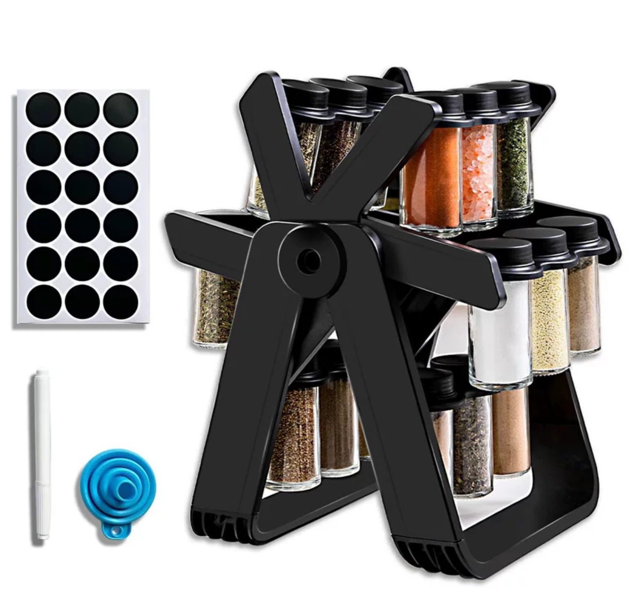 Rotating Kitchen Spice Organiser Set with Labels, Funnel and Marker