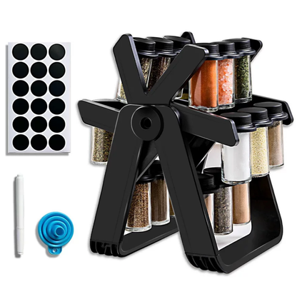 Rotating Kitchen Spice Organiser Set with Labels, Funnel and Marker
