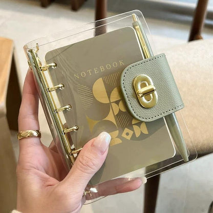 Personal A7 Clear PVC Notebook Diary with Gold Binder Rings and Pen