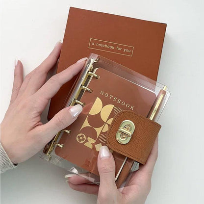 Personal A7 Clear PVC Notebook Diary with Gold Binder Rings and Pen