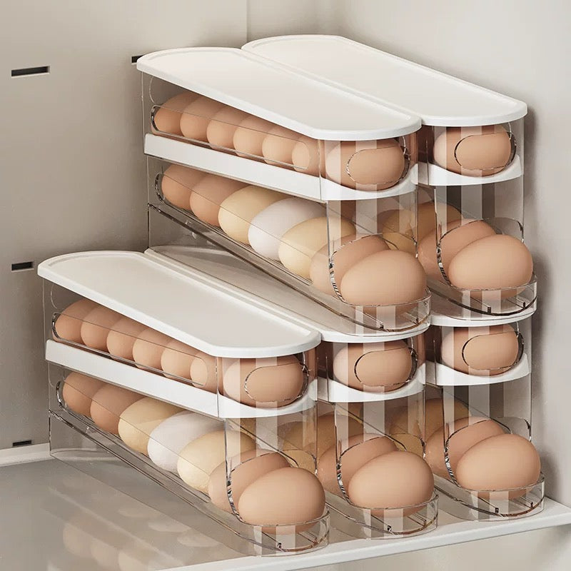 Anti-Fall Dual-Tier  Egg Dispenser for Refrigerator with Automatic Rolling System
