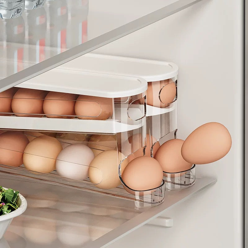 Anti-Fall Dual-Tier  Egg Dispenser for Refrigerator with Automatic Rolling System