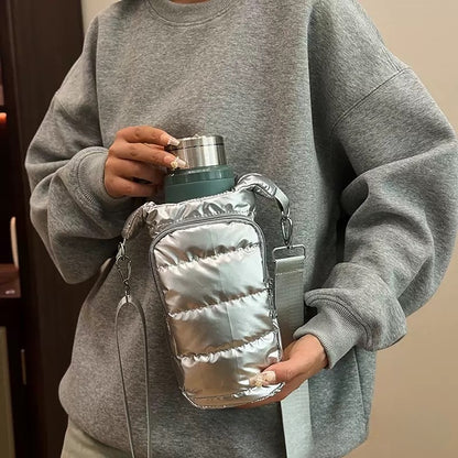 The Voyager Puffer Sling™ Premium Insulated Bottle Carrier Bag – Quilted Water Bottle Sling with Adjustable Shoulder Strap, Lightweight Puffer Bottle Holder, Drawstring Closure & Front Pocket for Travel, Office, Gym & Everyday Use