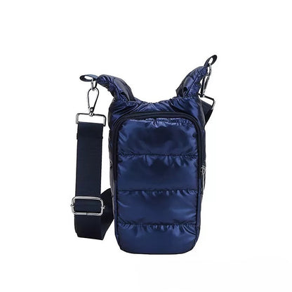 The Voyager Puffer Sling™ Premium Insulated Bottle Carrier Bag – Quilted Water Bottle Sling with Adjustable Shoulder Strap, Lightweight Puffer Bottle Holder, Drawstring Closure & Front Pocket for Travel, Office, Gym & Everyday Use