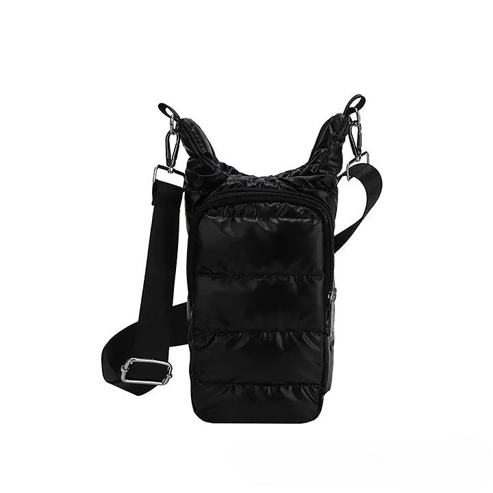 The Voyager Puffer Sling™ Premium Insulated Bottle Carrier Bag – Quilted Water Bottle Sling with Adjustable Shoulder Strap, Lightweight Puffer Bottle Holder, Drawstring Closure & Front Pocket for Travel, Office, Gym & Everyday Use