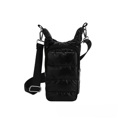 The Voyager Puffer Sling™ Premium Insulated Bottle Carrier Bag – Quilted Water Bottle Sling with Adjustable Shoulder Strap, Lightweight Puffer Bottle Holder, Drawstring Closure & Front Pocket for Travel, Office, Gym & Everyday Use