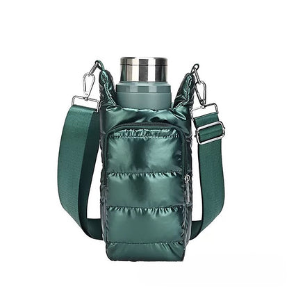 The Voyager Puffer Sling™ Premium Insulated Bottle Carrier Bag – Quilted Water Bottle Sling with Adjustable Shoulder Strap, Lightweight Puffer Bottle Holder, Drawstring Closure & Front Pocket for Travel, Office, Gym & Everyday Use
