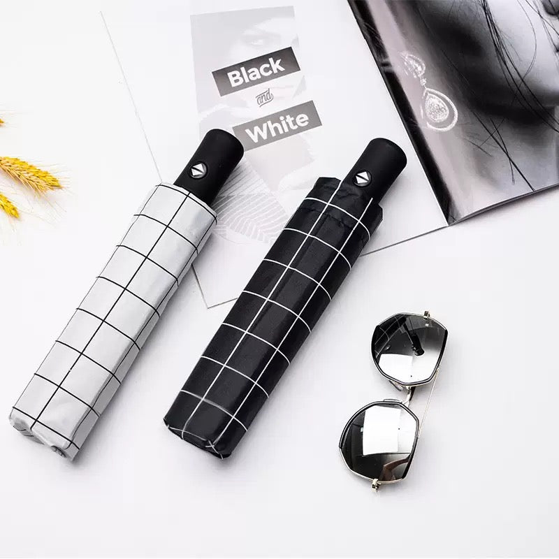 CheckMate™ Automatic Folding Umbrella for Men & Women | 100cm Canopy | Windproof & Water-Resistant | Compact 28cm Folded Size | Auto Open Travel Umbrella | 54cm Tall | Black & White Grid Design