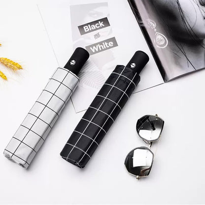 CheckMate™ Automatic Folding Umbrella for Men & Women | 100cm Canopy | Windproof & Water-Resistant | Compact 28cm Folded Size | Auto Open Travel Umbrella | 54cm Tall | Black & White Grid Design