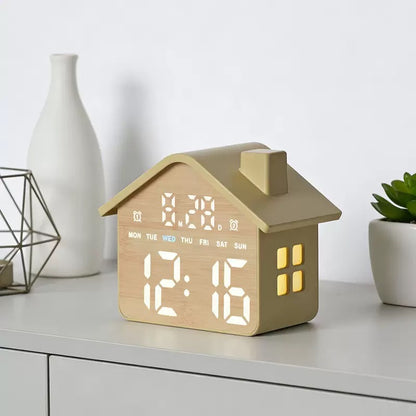 CozyNest™ LED House Alarm Clock with  Date and Day Display Bedside Night Light Timepiece and  Adjustable Brightness