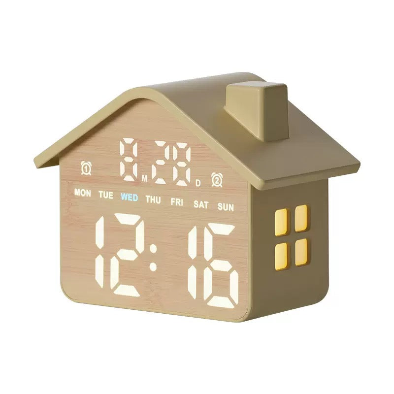 CozyNest™ LED House Alarm Clock with  Date and Day Display Bedside Night Light Timepiece and  Adjustable Brightness