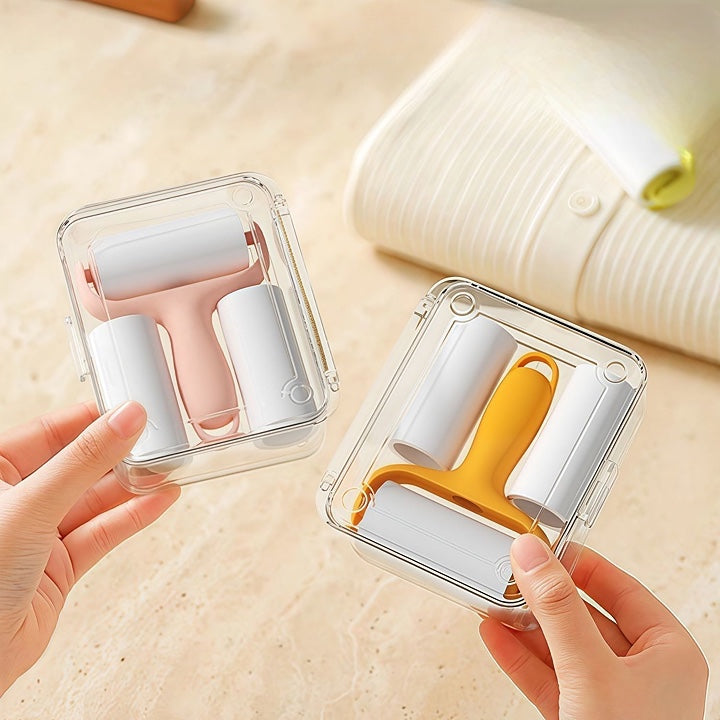 Portable Pocket Lint roller with 2 extra replaceable paper rolls and carry case