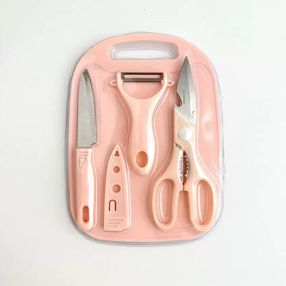 4 in 1 Stainless Steel Kitchen Knife, Scissors, Peeler and Cutting Board Set