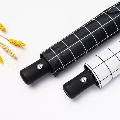 CheckMate™ Automatic Folding Umbrella for Men & Women | 100cm Canopy | Windproof & Water-Resistant | Compact 28cm Folded Size | Auto Open Travel Umbrella | 54cm Tall | Black & White Grid Design