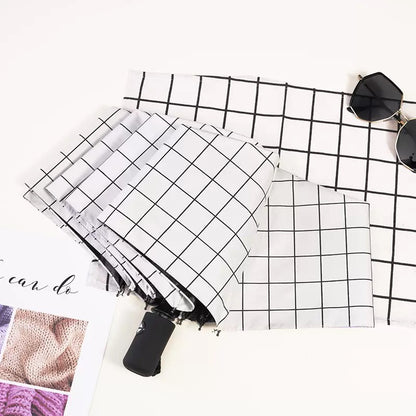 CheckMate™ Automatic Folding Umbrella for Men & Women | 100cm Canopy | Windproof & Water-Resistant | Compact 28cm Folded Size | Auto Open Travel Umbrella | 54cm Tall | Black & White Grid Design
