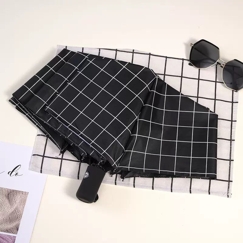 CheckMate™ Automatic Folding Umbrella for Men & Women | 100cm Canopy | Windproof & Water-Resistant | Compact 28cm Folded Size | Auto Open Travel Umbrella | 54cm Tall | Black & White Grid Design