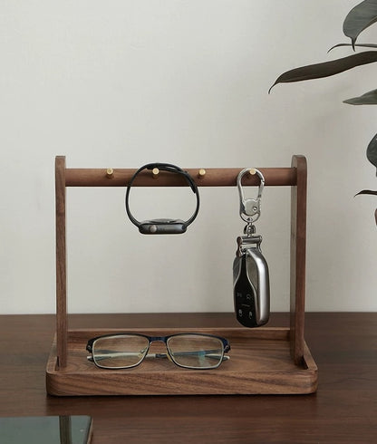 Solid Wooden Trinket Tray with Brass Hooks
