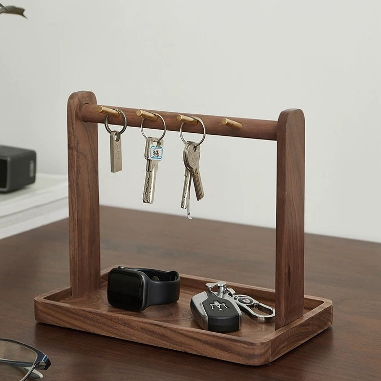 Solid Wooden Trinket Tray with Brass Hooks