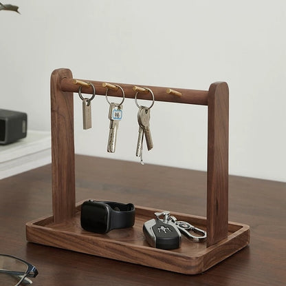 Solid Wooden Trinket Tray with Brass Hooks