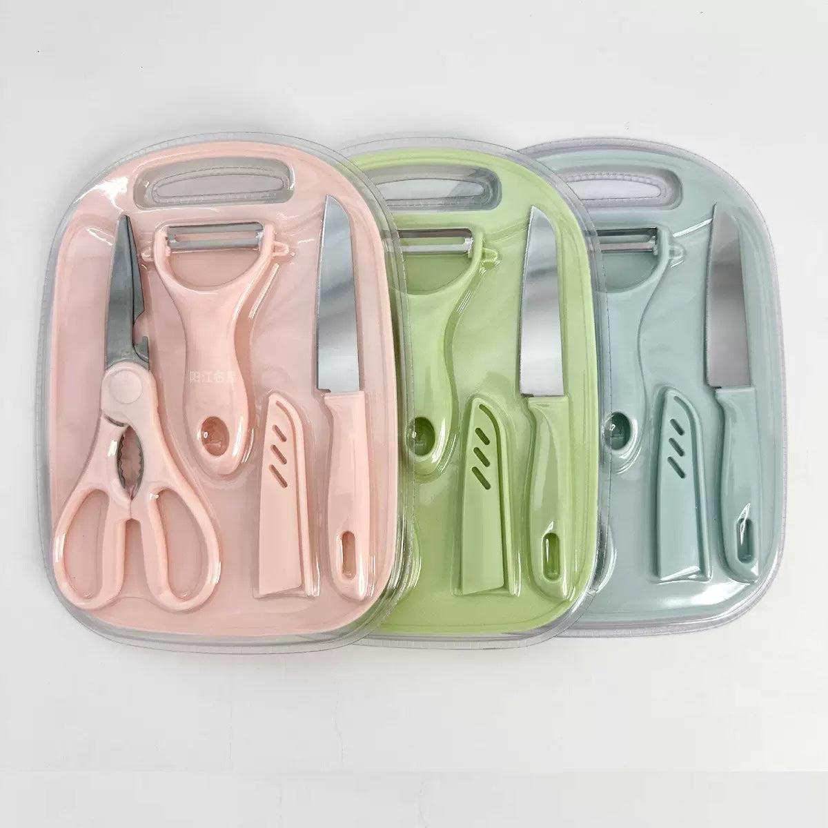 4 in 1 Stainless Steel Kitchen Knife, Scissors, Peeler and Cutting Board Set