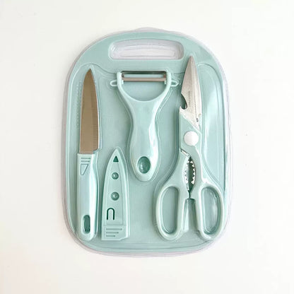 4 in 1 Stainless Steel Kitchen Knife, Scissors, Peeler and Cutting Board Set
