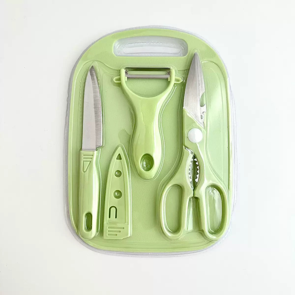 4 in 1 Stainless Steel Kitchen Knife, Scissors, Peeler and Cutting Board Set