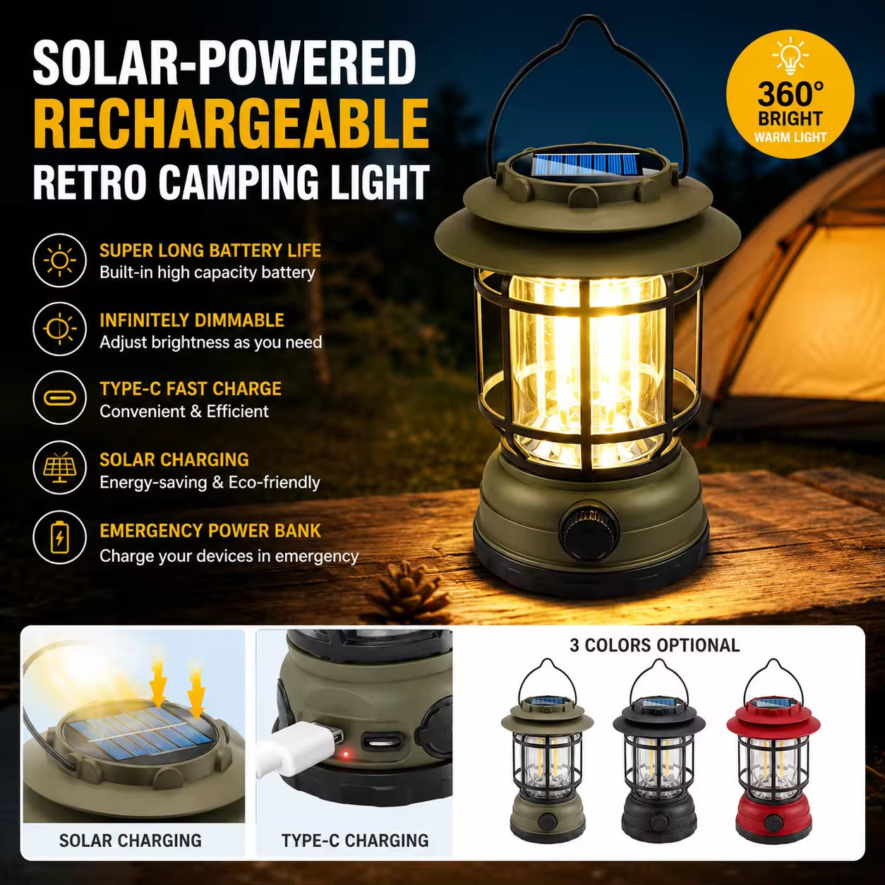 Solar Powered  & Rechargeable Retro Camping Light with Replaceable Lithium ion Battery