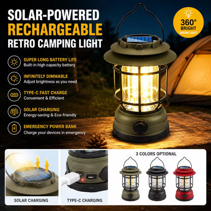 Solar Powered  & Rechargeable Retro Camping Light with Replaceable Lithium ion Battery