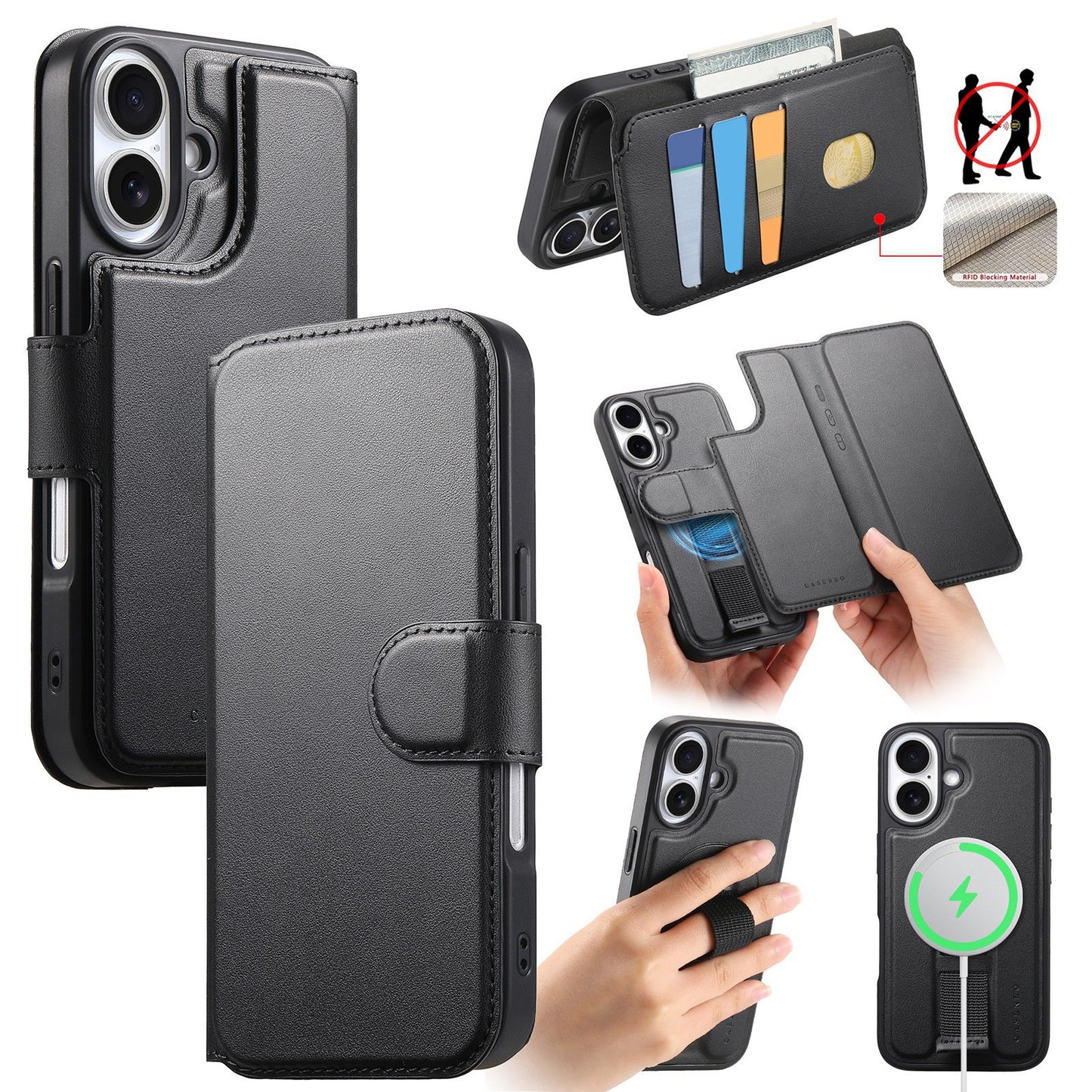 2 in 1 iPhone Detachable Wireless Charging Folio MagSafe Case and Cover RFID Blocking Card wallet Slots Removable Cover for iPhone